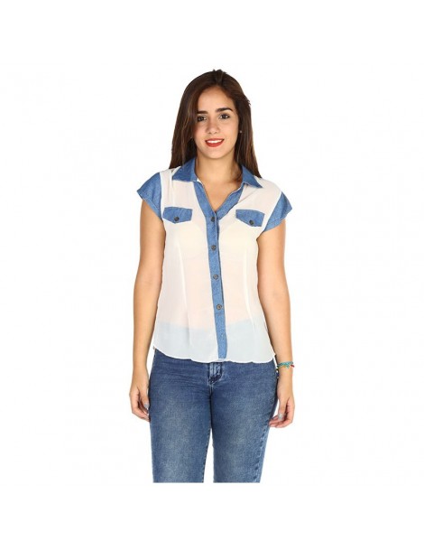 Blusa gasa con jean en cuello, bolsillo y botones